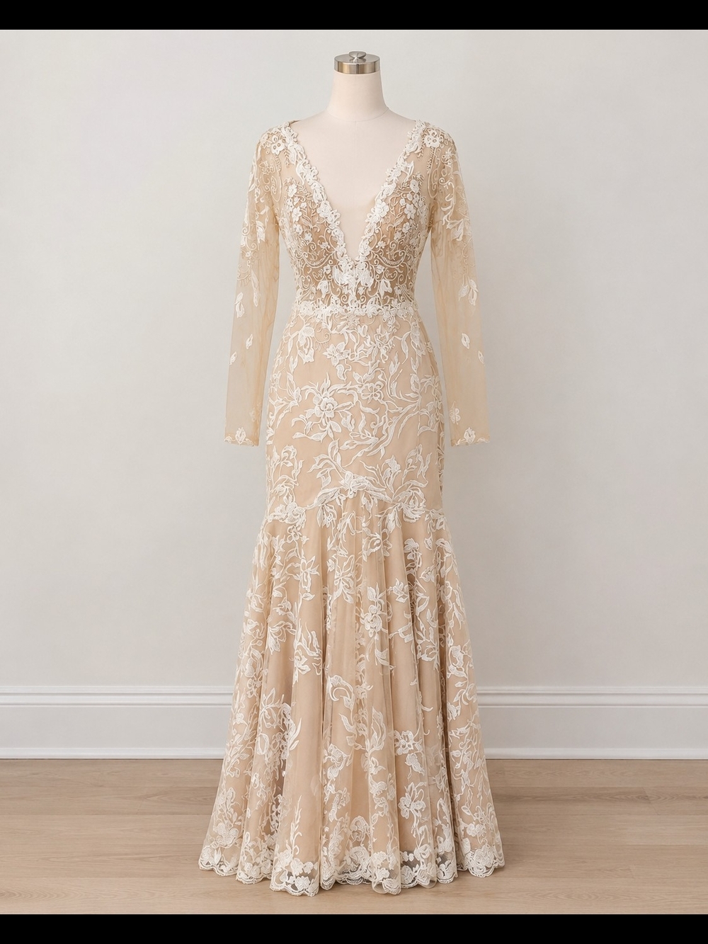 Ida Torez Lace Wedding Dress | Long Sleeve Nude Ivory Bridal Gown w/ Train